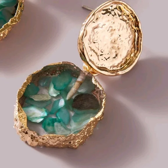 💖 Statement Gold teal green drop geometric women's earrings evening elegant - Picture 7 of 8